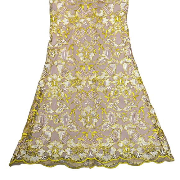 GB Gianni Bini | Yellow & Nude Embroidered Floral Prom Formal Trumpet Maxi Gown - Picture 6 of 12